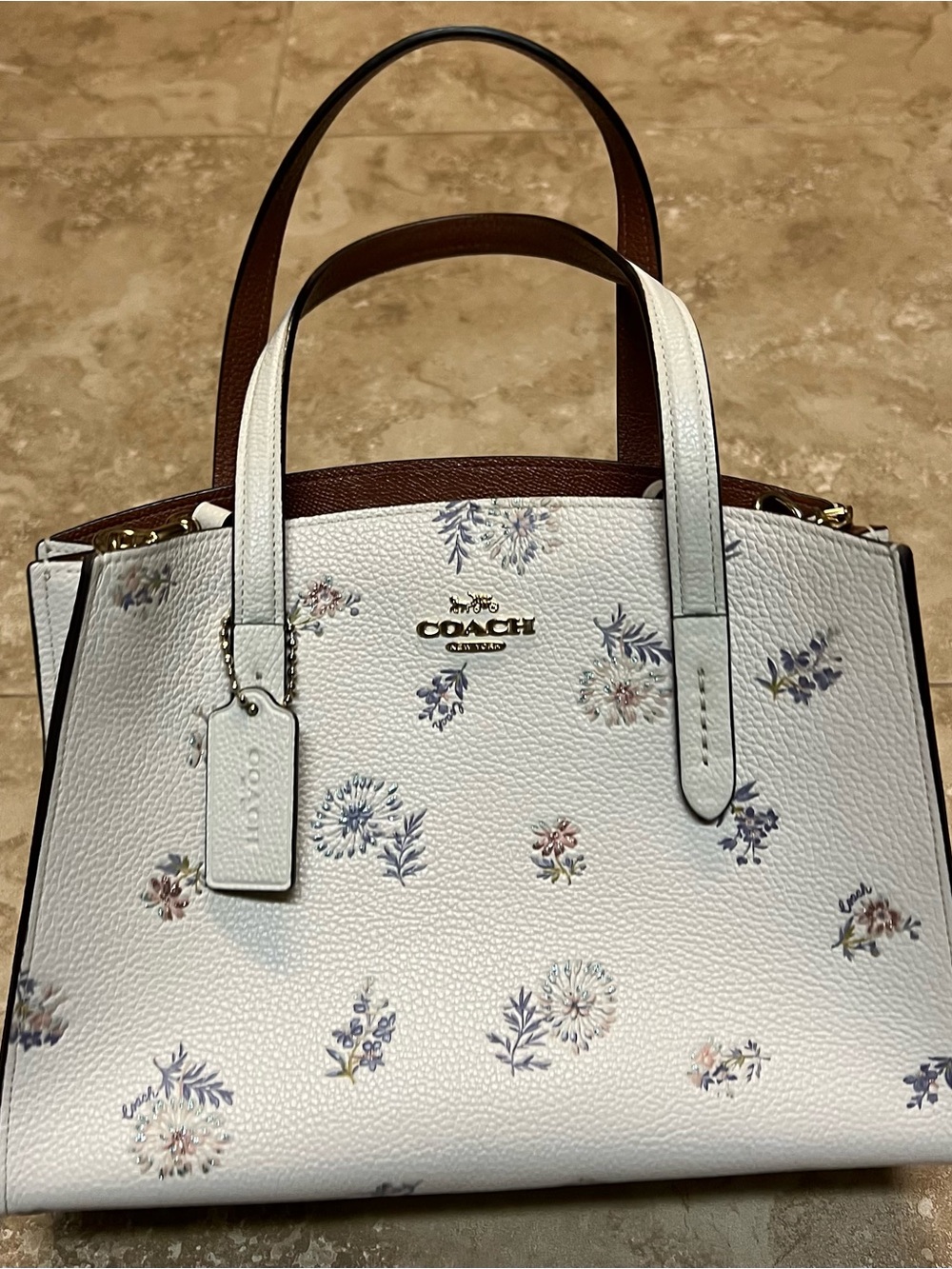 Coach Cream Floral Pebbled Leather Satchel with Brown Handles
